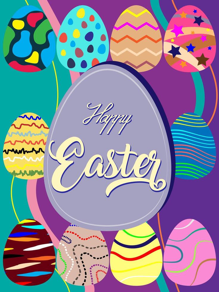 Happy Easter banner, poster, greeting card. Trendy Easter design with typography, eggs, in colorful. abstract background Modern minimal style vector