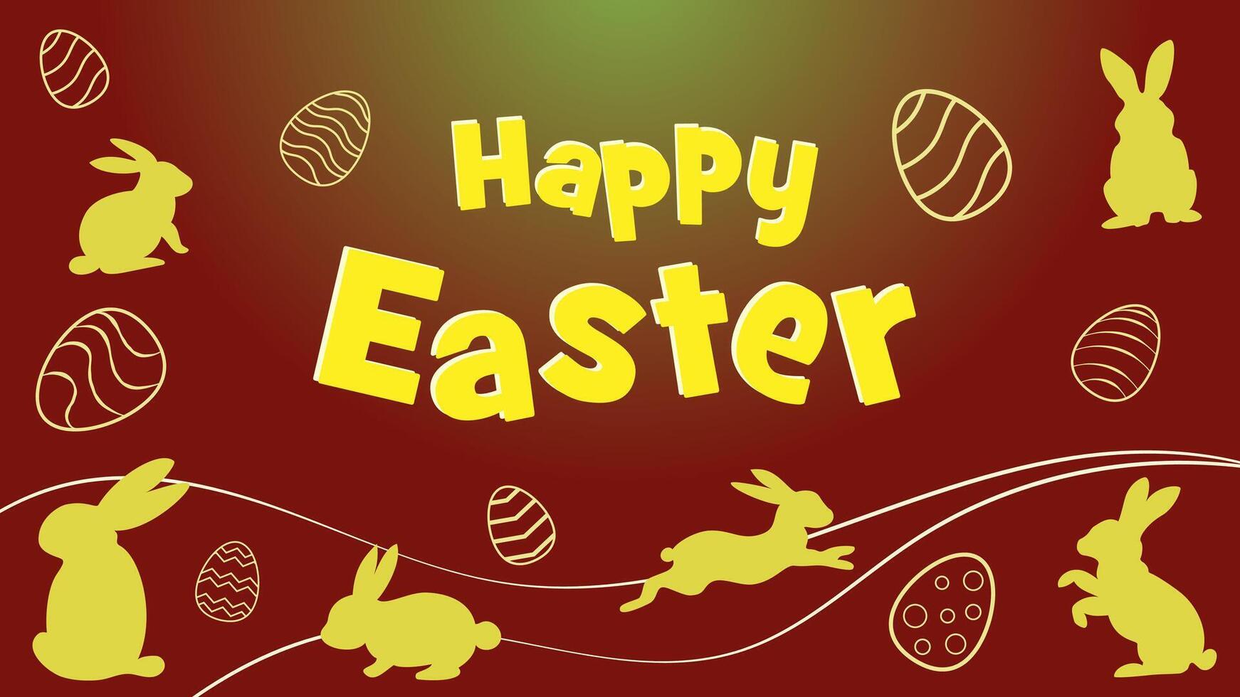 Happy Easter banner red background. Greeting card with easter eggs, bunny, leaves in modern cartoon style. Cute creative holiday concept. vector