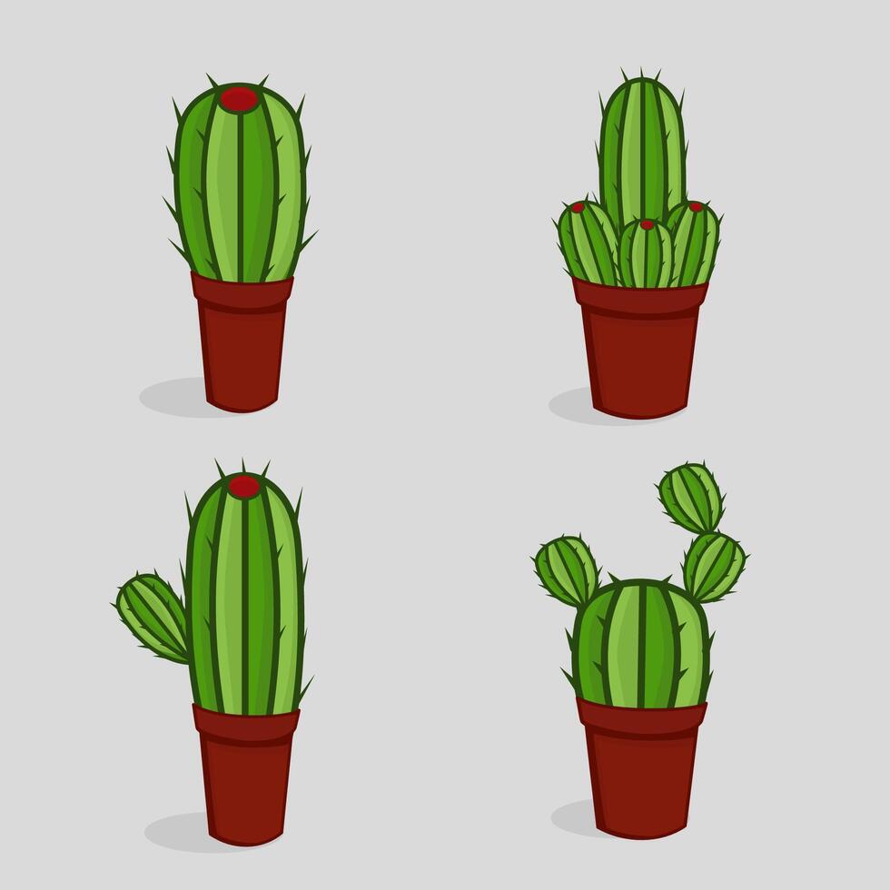Set of Potted Cactus Illustrations, Green Succulent Plants with Thorns in Brown Clay Pots vector