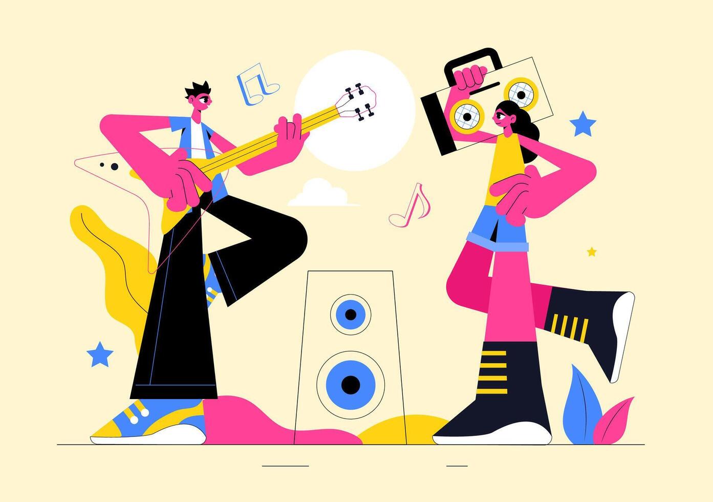 Live Band Performance Illustration Featuring Artists and Musical Instruments vector