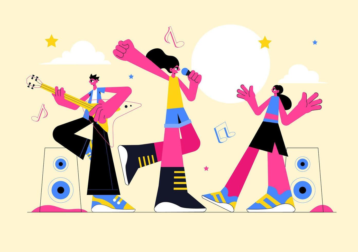 Musical Performance Illustration with Artists Playing Instruments on Stage vector