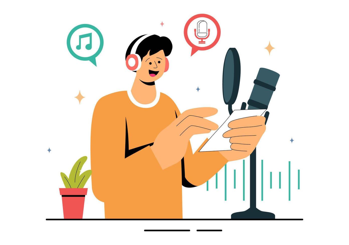 Voice Acting Illustration of a Character Dubbing a Film or TV Series Scene vector