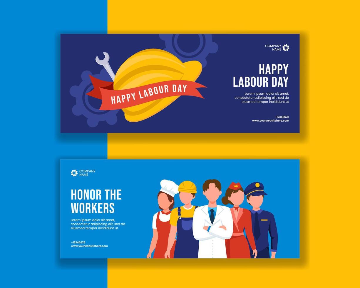 Labor Day Social Media Horizontal Banner with Hand-Drawn Workers in Flat Style vector