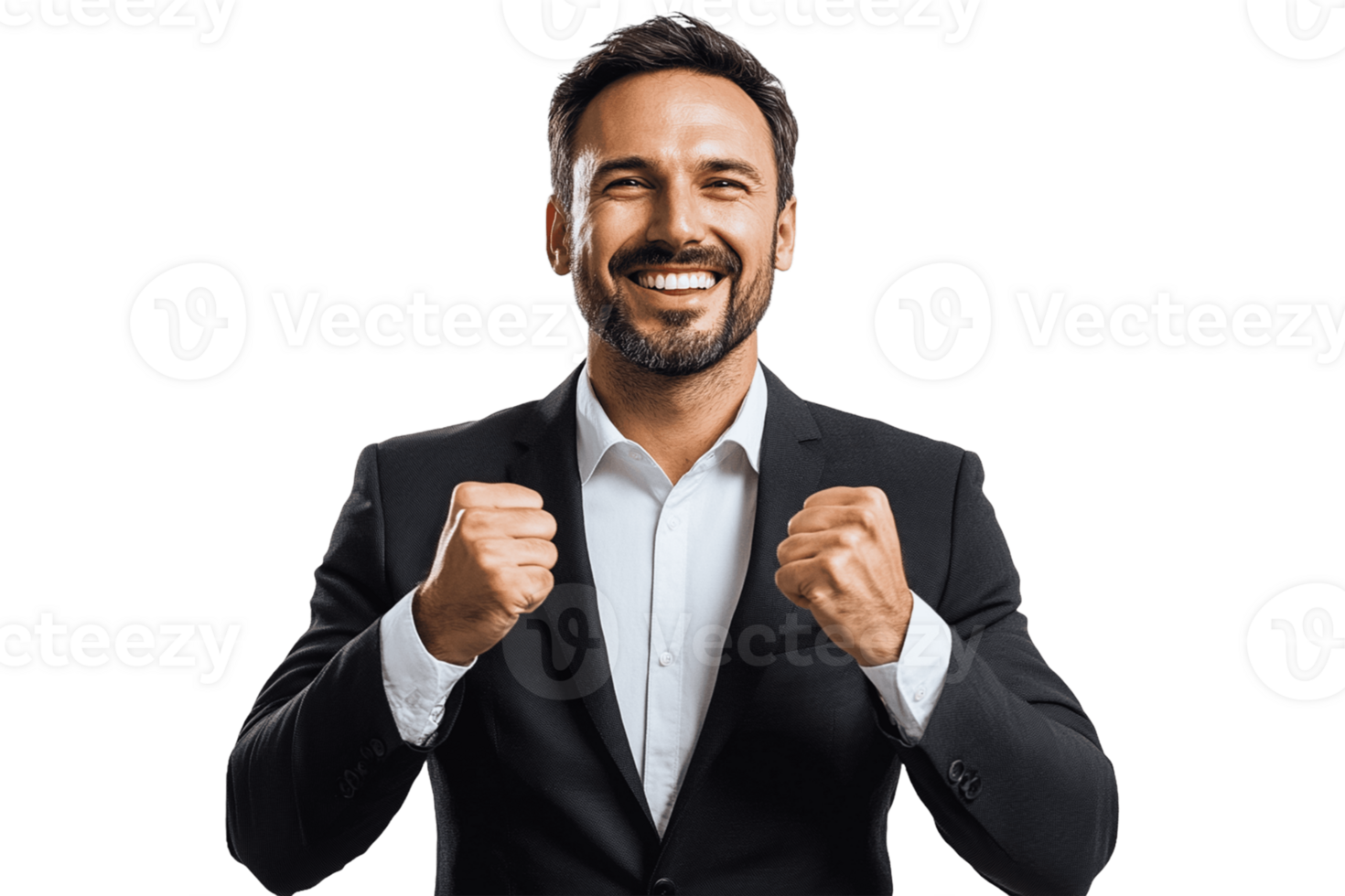 A man in a suit is smiling and showing his fists png