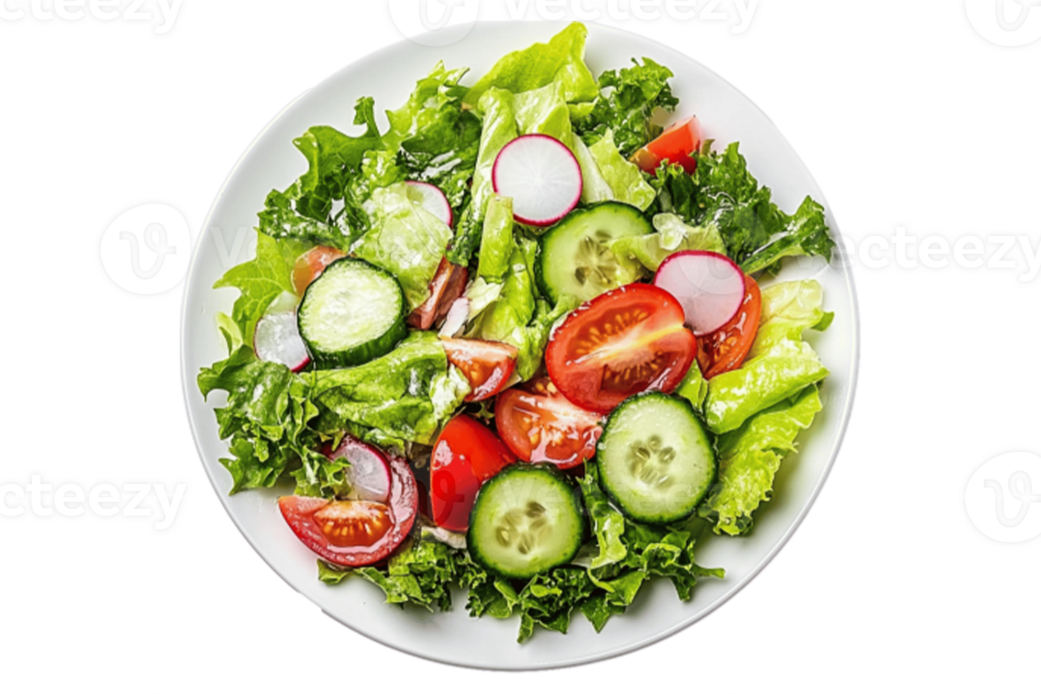 A plate of salad with cucumbers, tomatoes and lettuce png