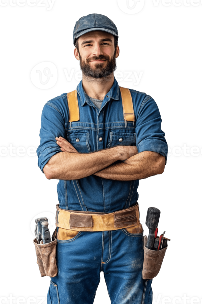A man in blue overalls and a beard png