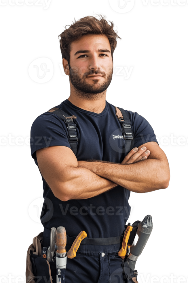 A man in a blue shirt and black work clothes with tools png