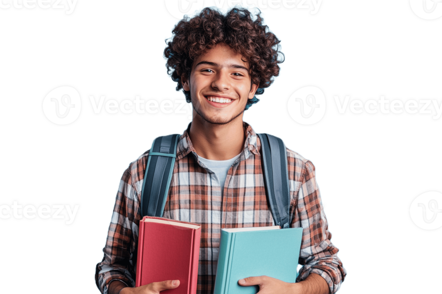 A young man with books and a backpack png