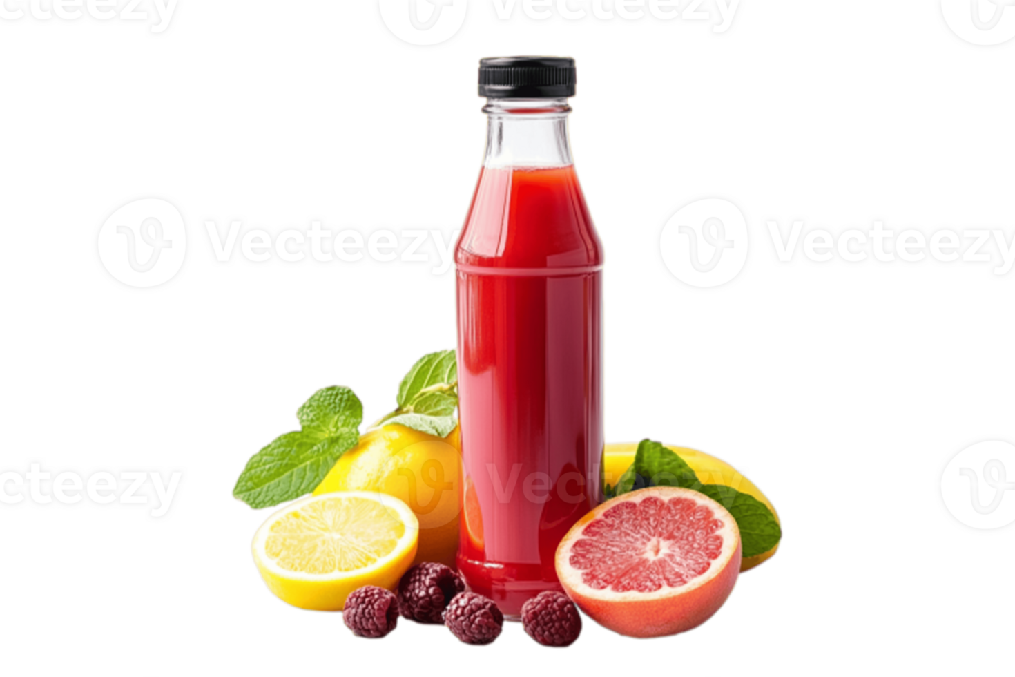 A bottle of juice with lemons, grapefruit and raspberries png