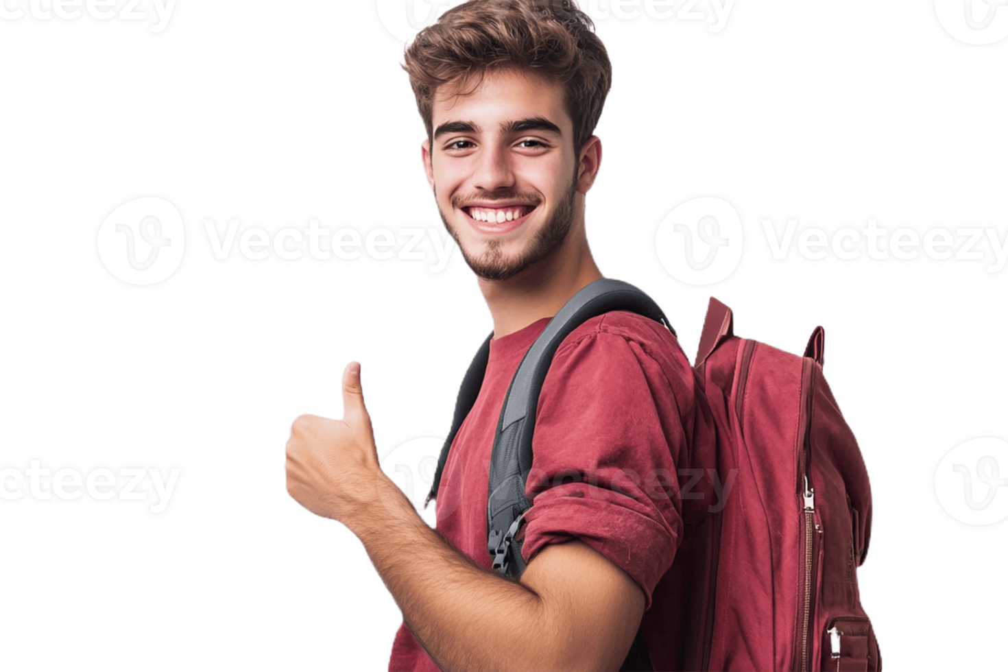 A young man with a backpack and thumbs up png