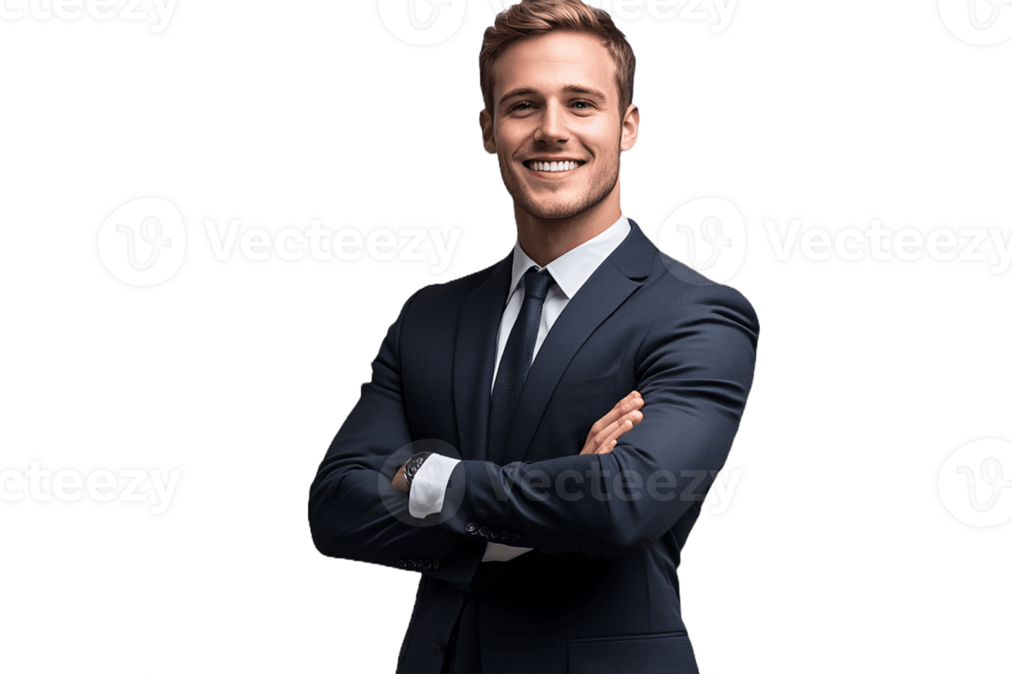 A man in a suit and tie standing with his arms crossed png