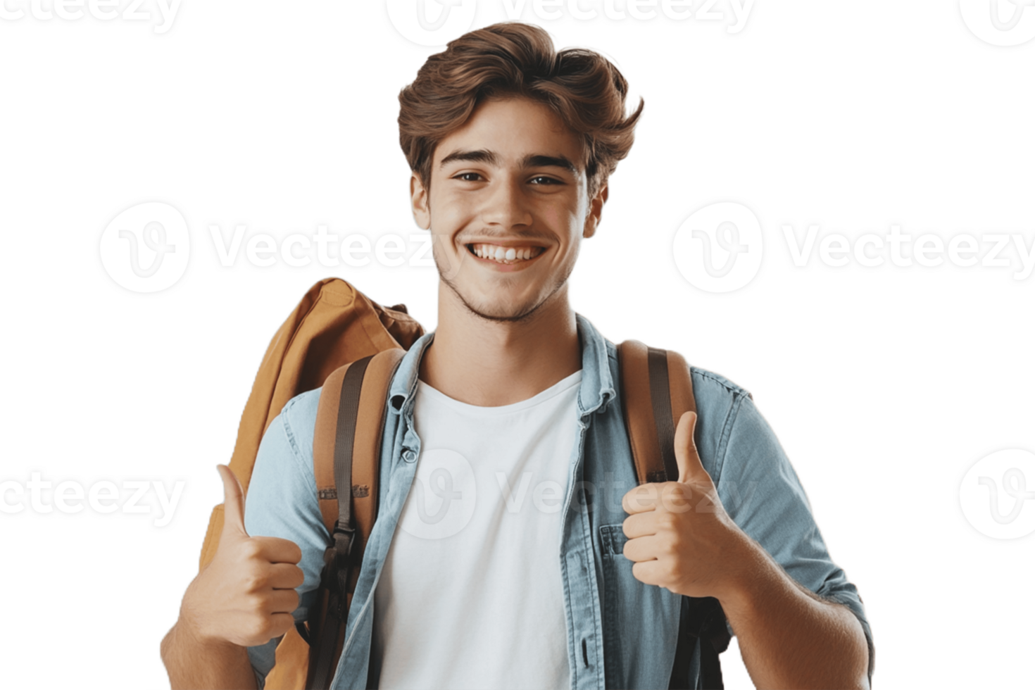 A young man with a backpack and thumbs up png