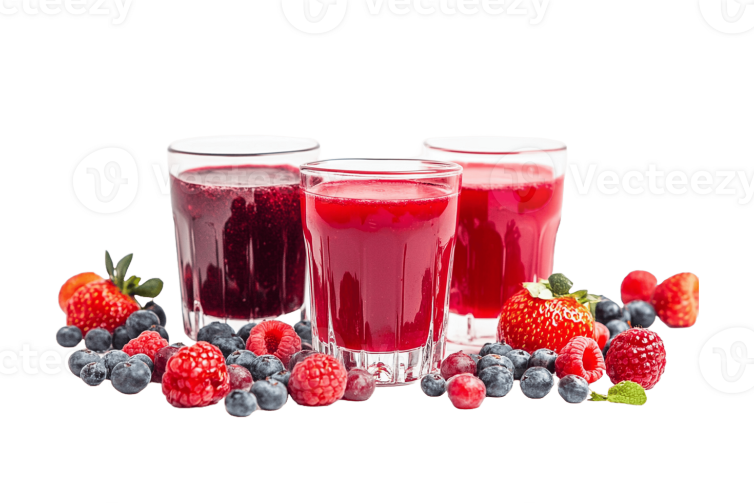 Three glasses of juice with berries and berries png