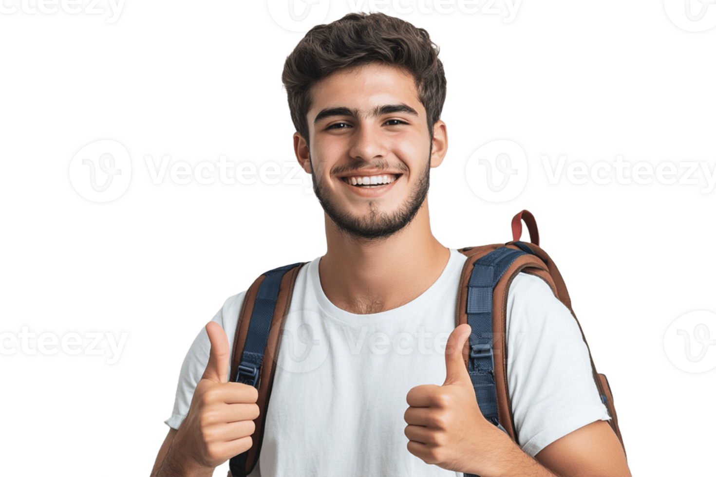A young man with a backpack and thumbs up png