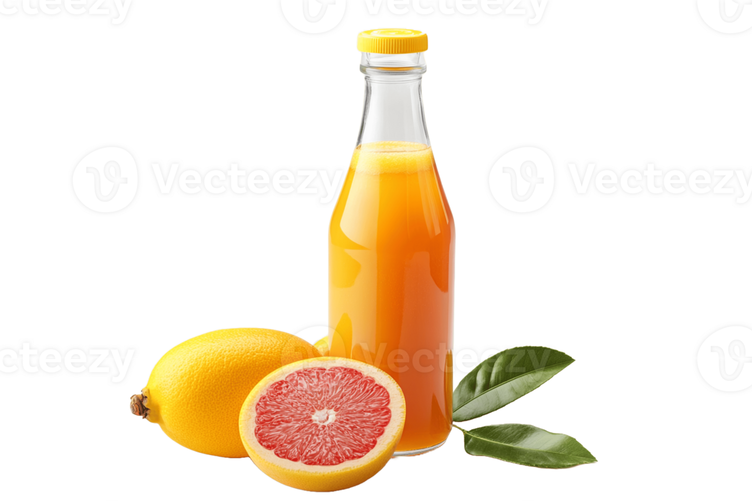 A bottle of orange juice and a grapefruit png