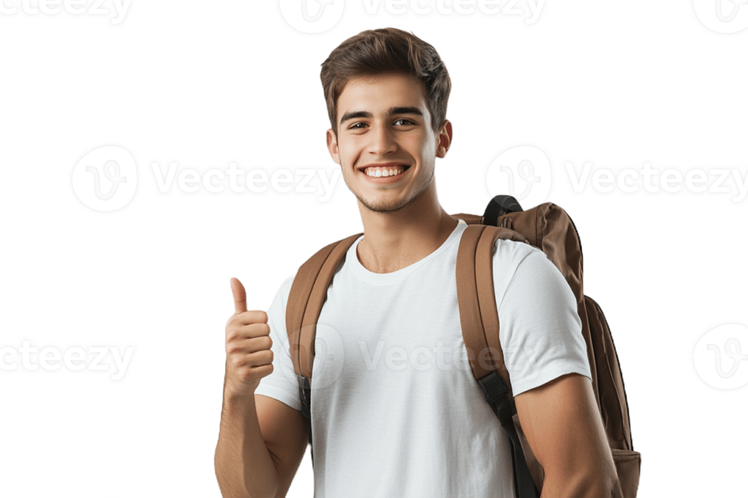 A young man with a backpack and thumbs up png
