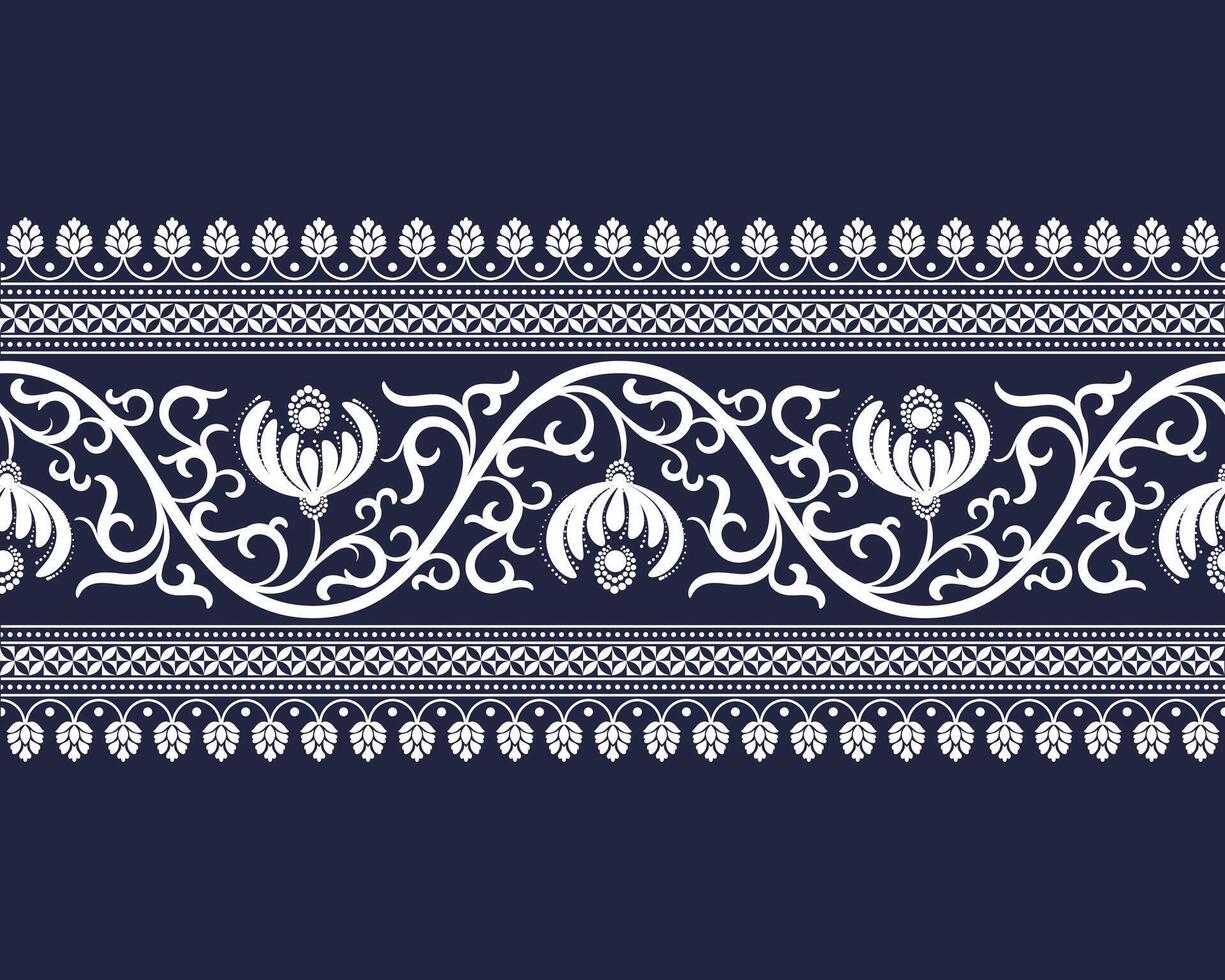 White zig zag floral lace border pattern stripe on denim blue background for decorations, fabric prints, table runner, and orhter prints vector