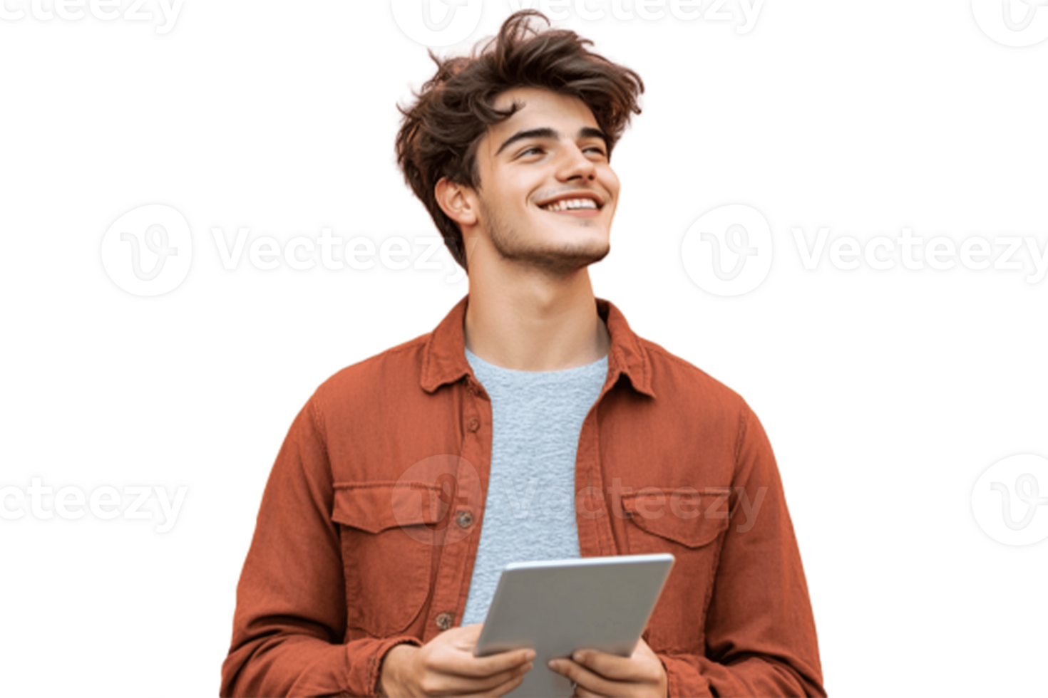 A man is holding a tablet and smiling png