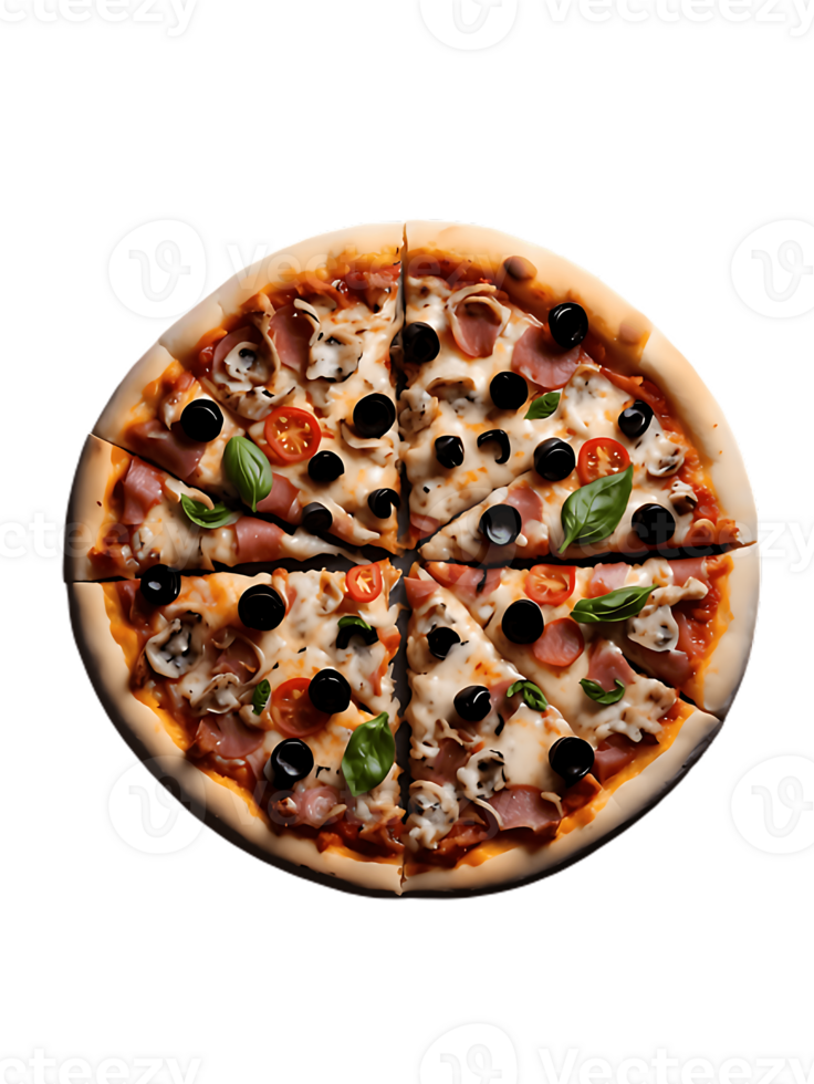 A pizza with olives, ham and cheese png