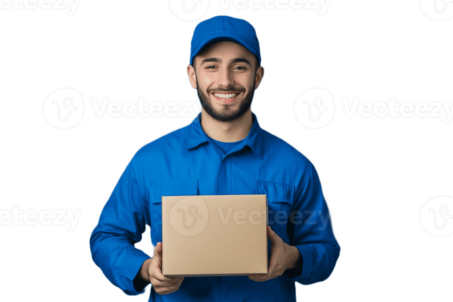 A smiling man in a blue uniform holding a box png