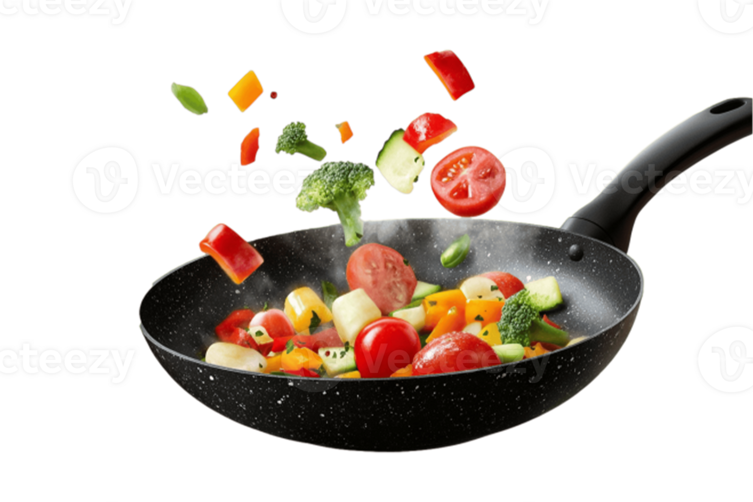A frying pan with vegetables and other ingredients png