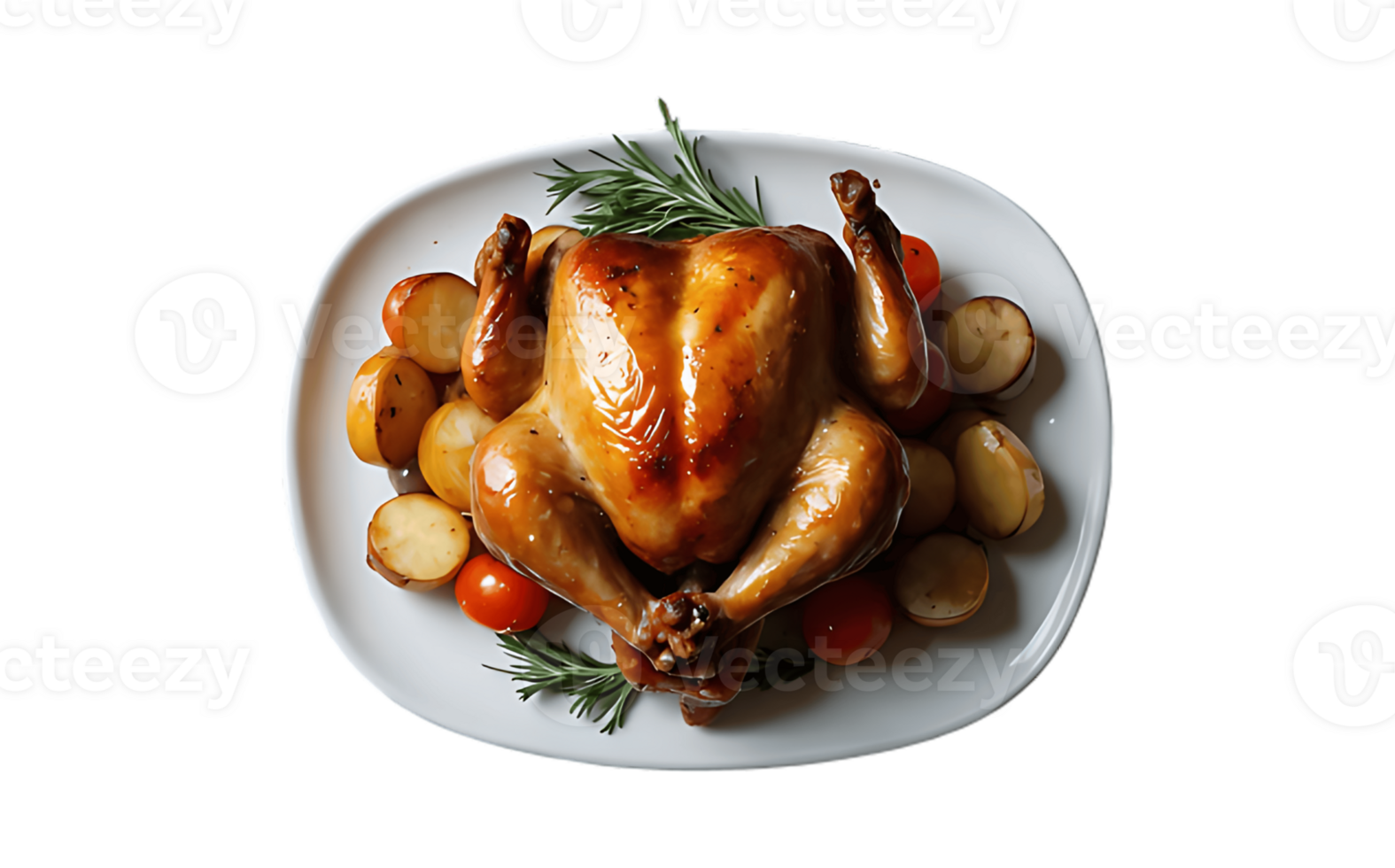 A roasted chicken on a plate with potatoes and tomatoes png