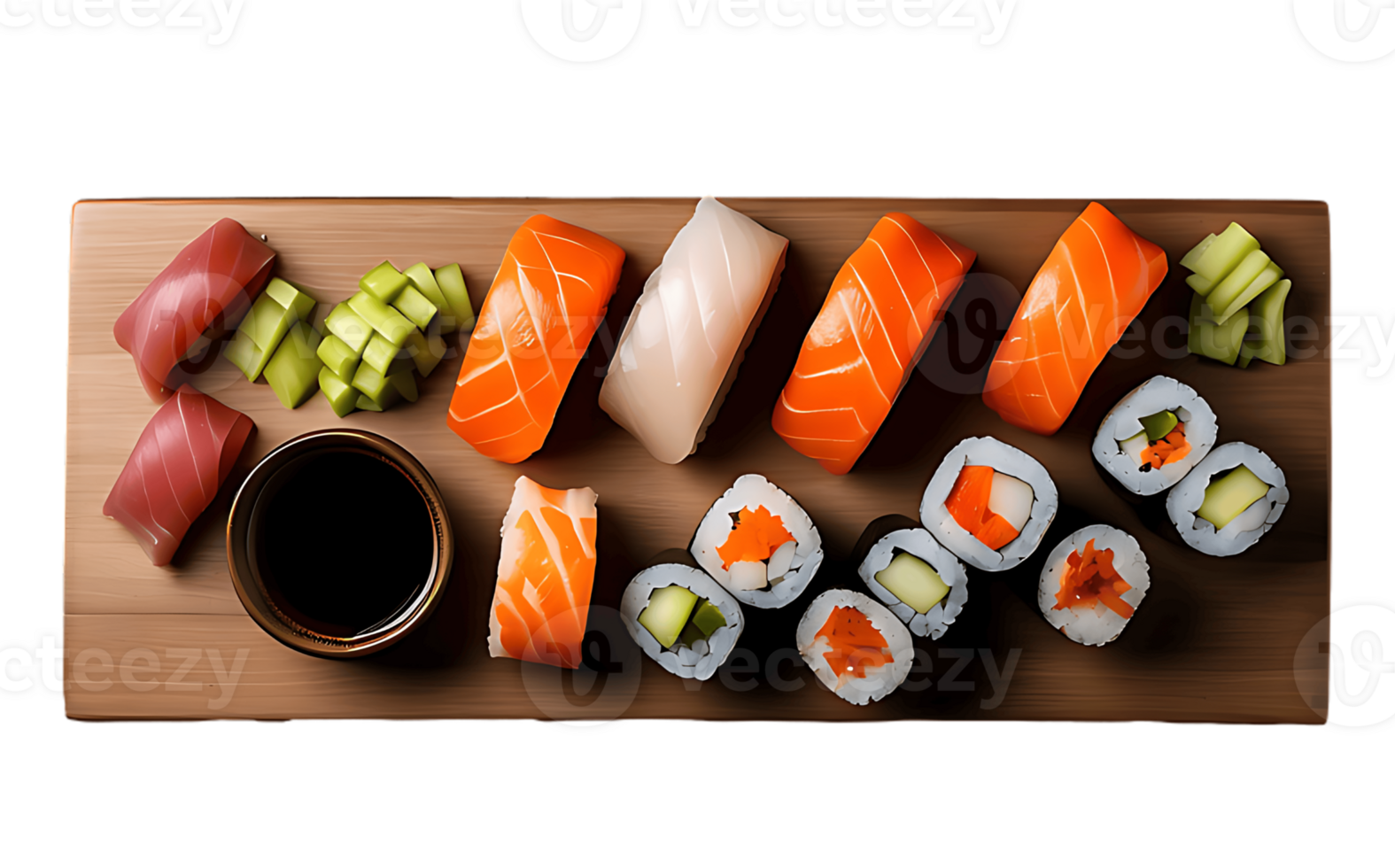 Sushi on a wooden cutting board png