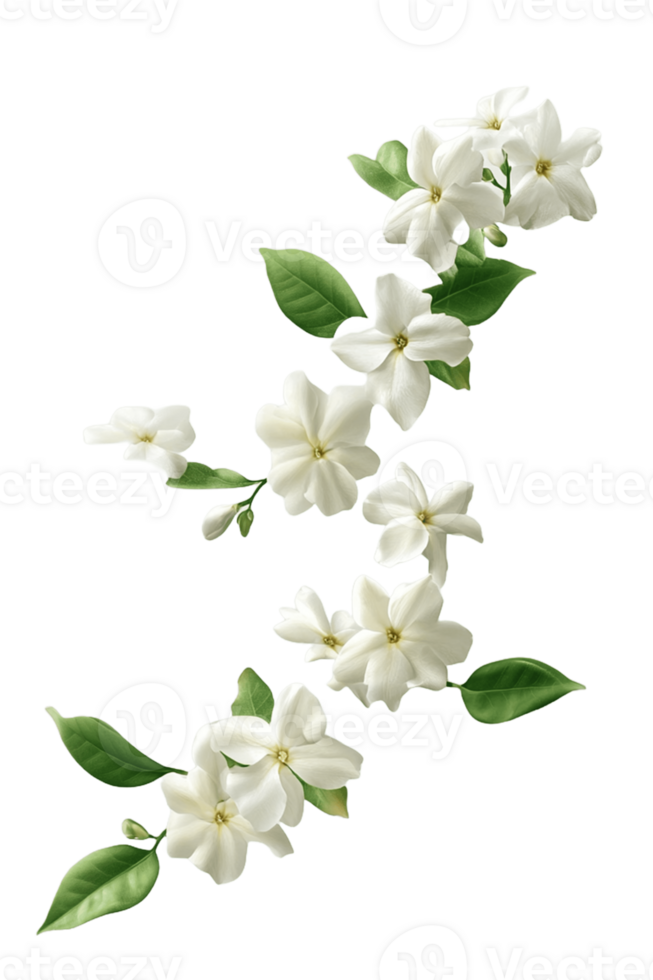 A branch of white flowers with green leaves png