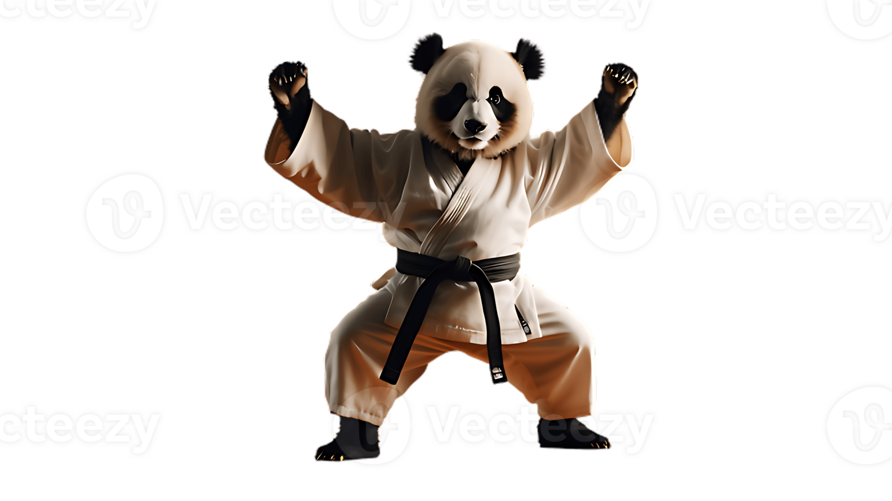 A panda in a karate outfit is standing up png