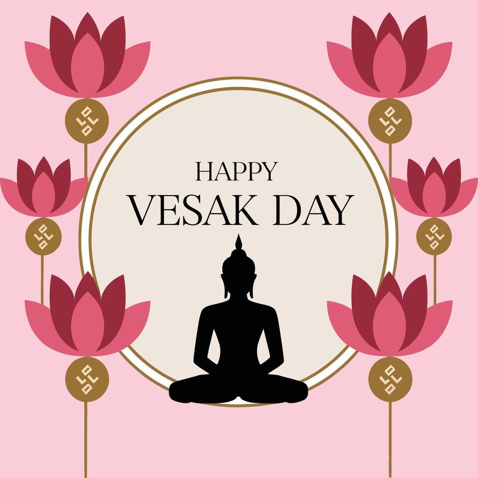 Happy vesak day background with buddha statue and lotus flowers vector