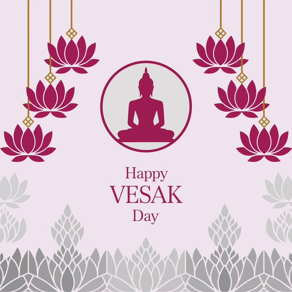 Happy vesak day background with buddha statue and lotus flowers vector