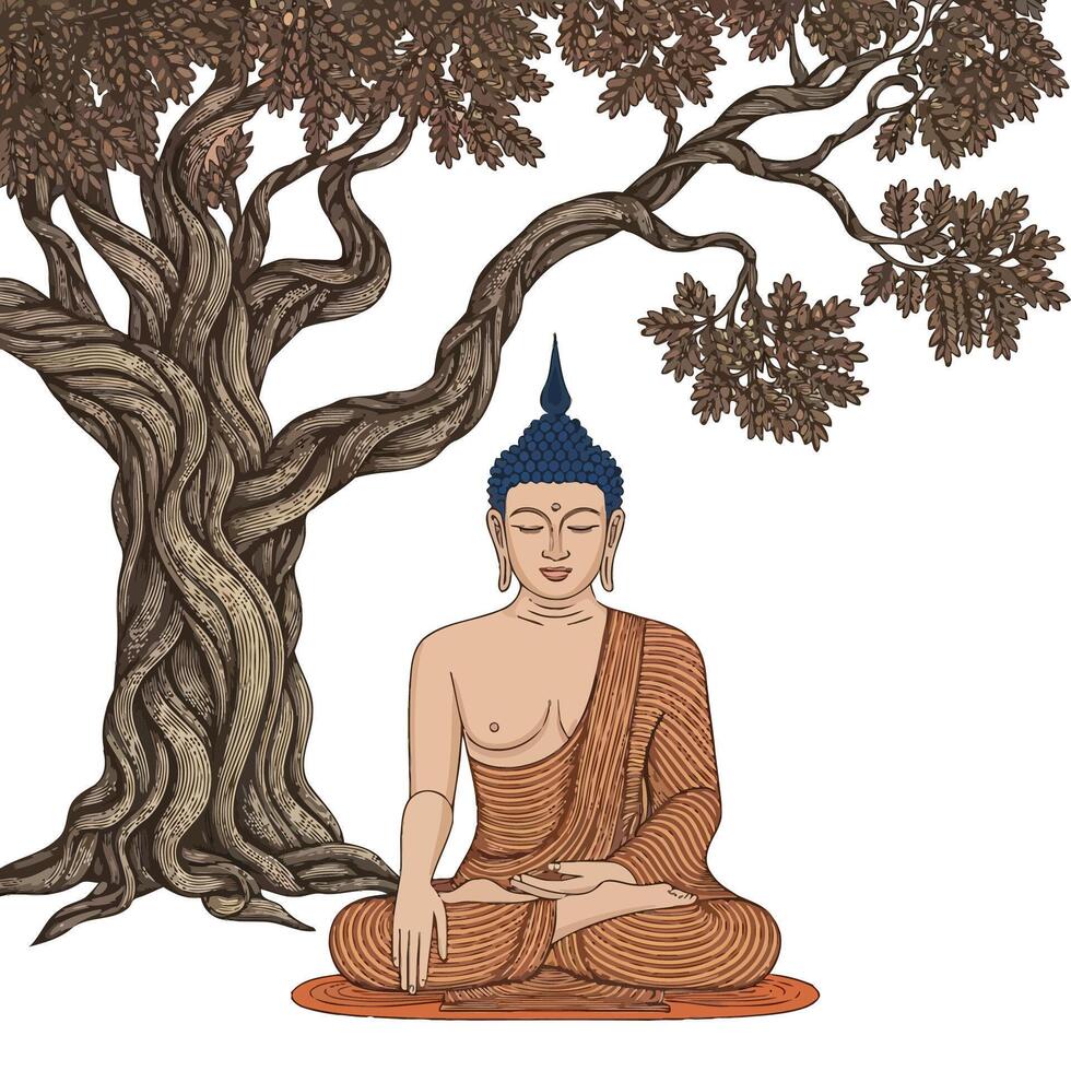 A buddha sitting under a tree with leaves vector