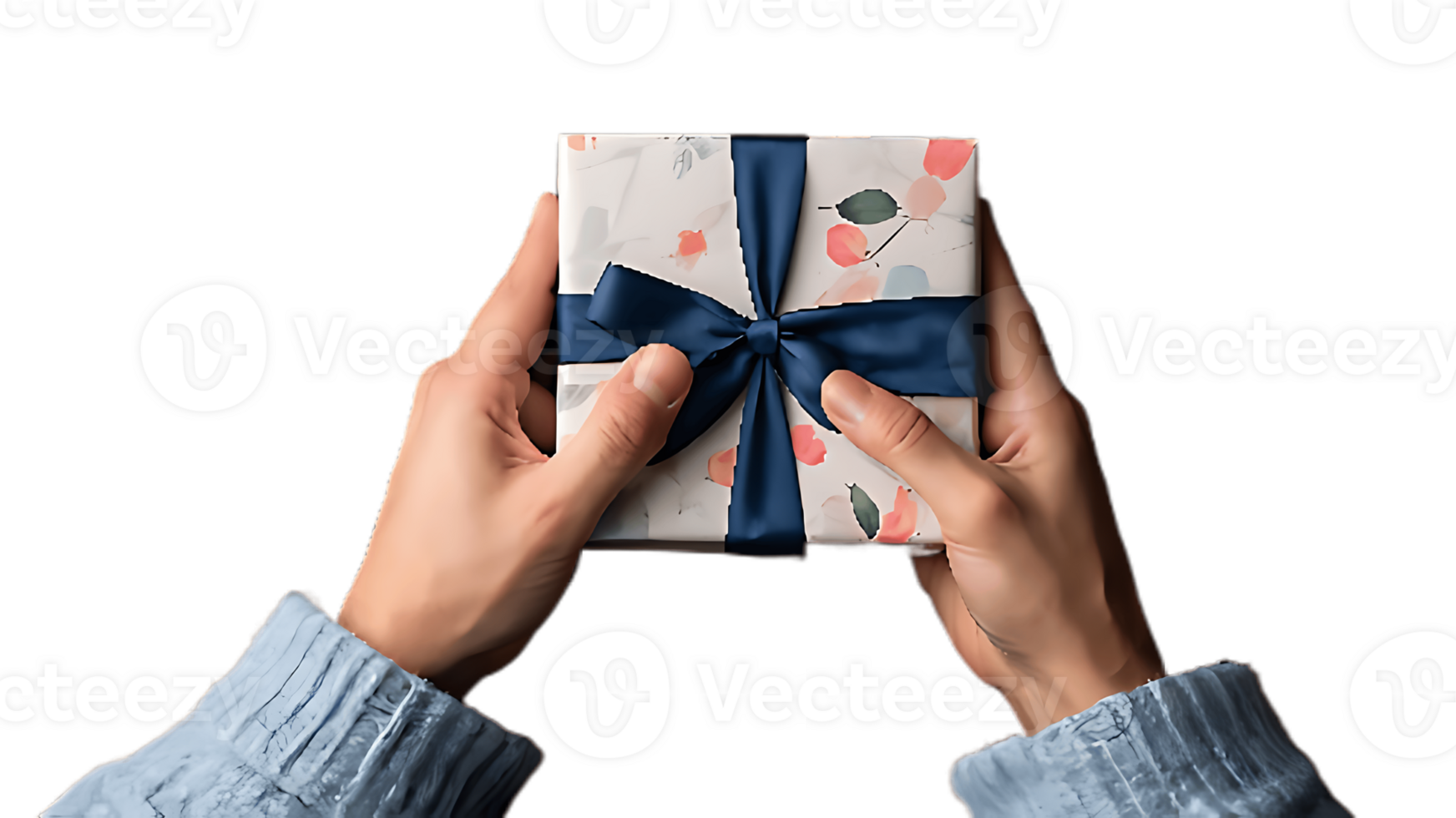 A person holding a gift wrapped in a blue bow png