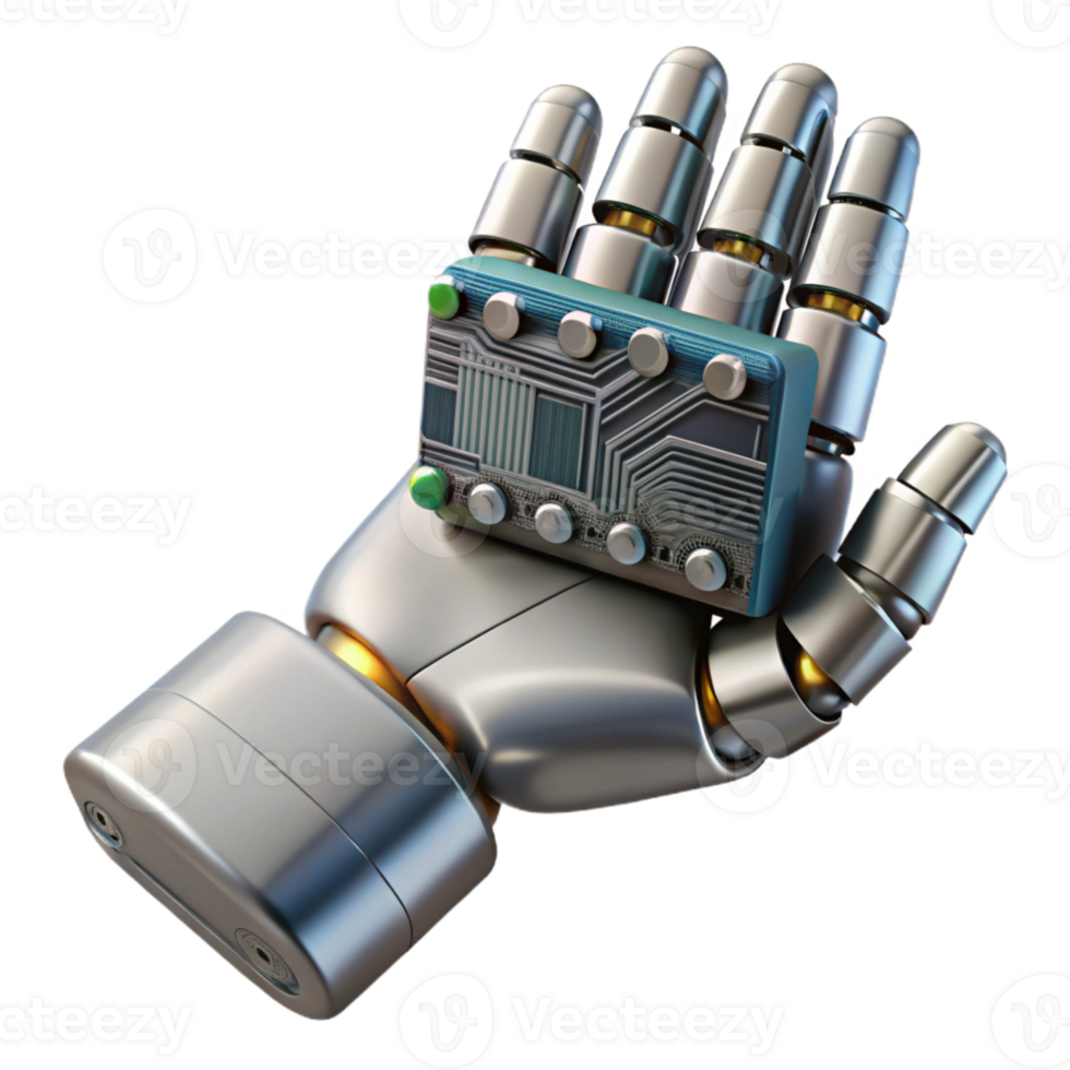 stunning contemporary Metallic Robot Hand Holding Circuit Board Isolated original png