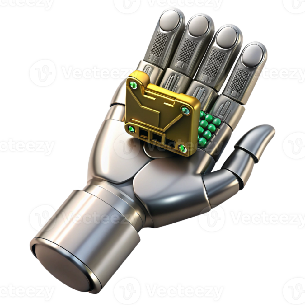 wonderful vintage Metallic Robot Hand Holding Circuit Board Isolated exclusive png