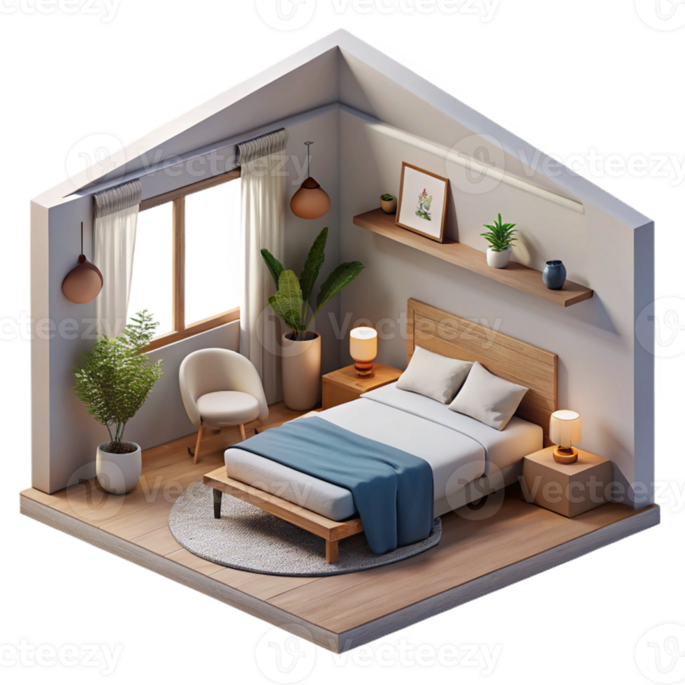stunning rustic Minimalist Bedroom Interior Side View Cutout original png