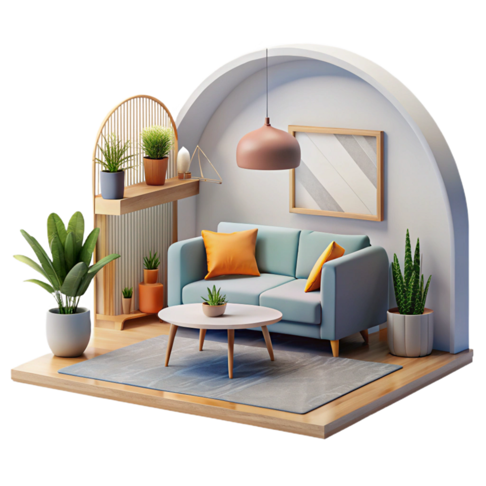 dramatic rustic Minimalist Living Room Interior Front View high resolution png