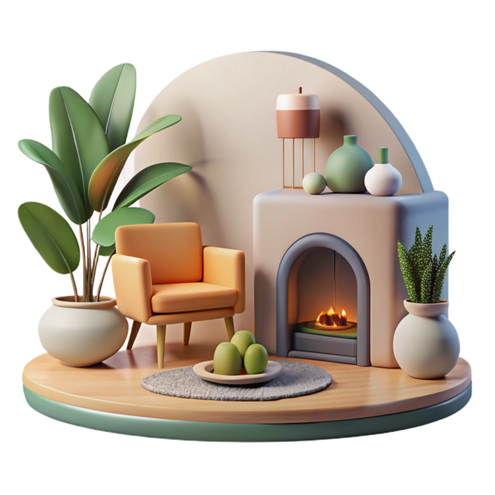 extraordinary vintage Minimalist Living Room Scene Side View Isolated detailed png