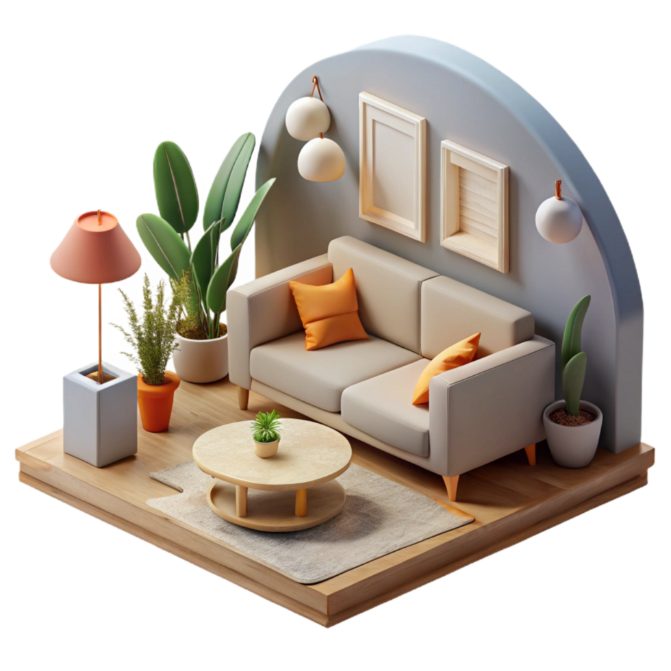wonderful rustic Minimalist Living Room Scene Side View Isolated genuine png