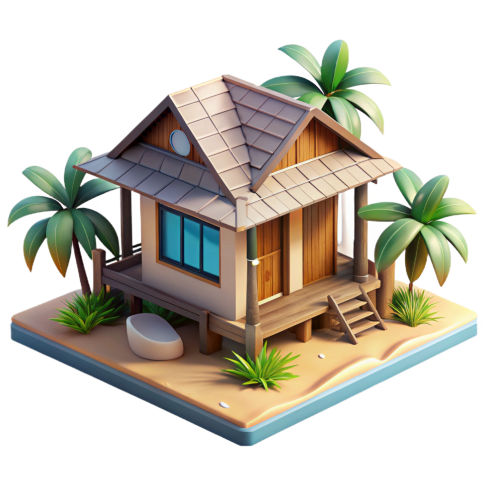 vibrant traditional Modern Bungalow Architecture Beach Setting Isolated authentic png