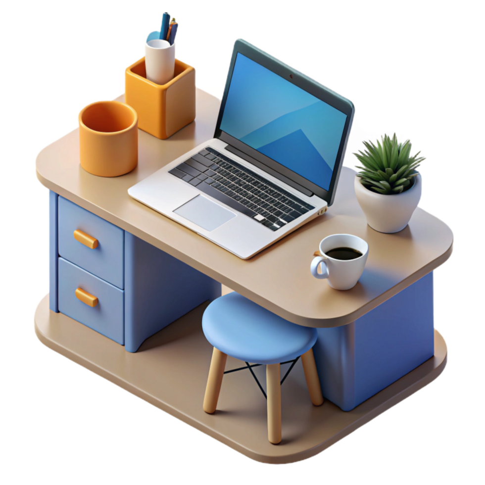 elegant traditional Modern Desk Setup with Laptop and Coffee Mug Transparent Cutout exclusive png