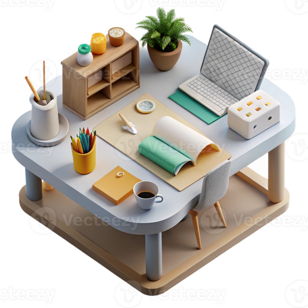vibrant classic Modern Desk with Stationery Items Top View Transparent Background high quality png