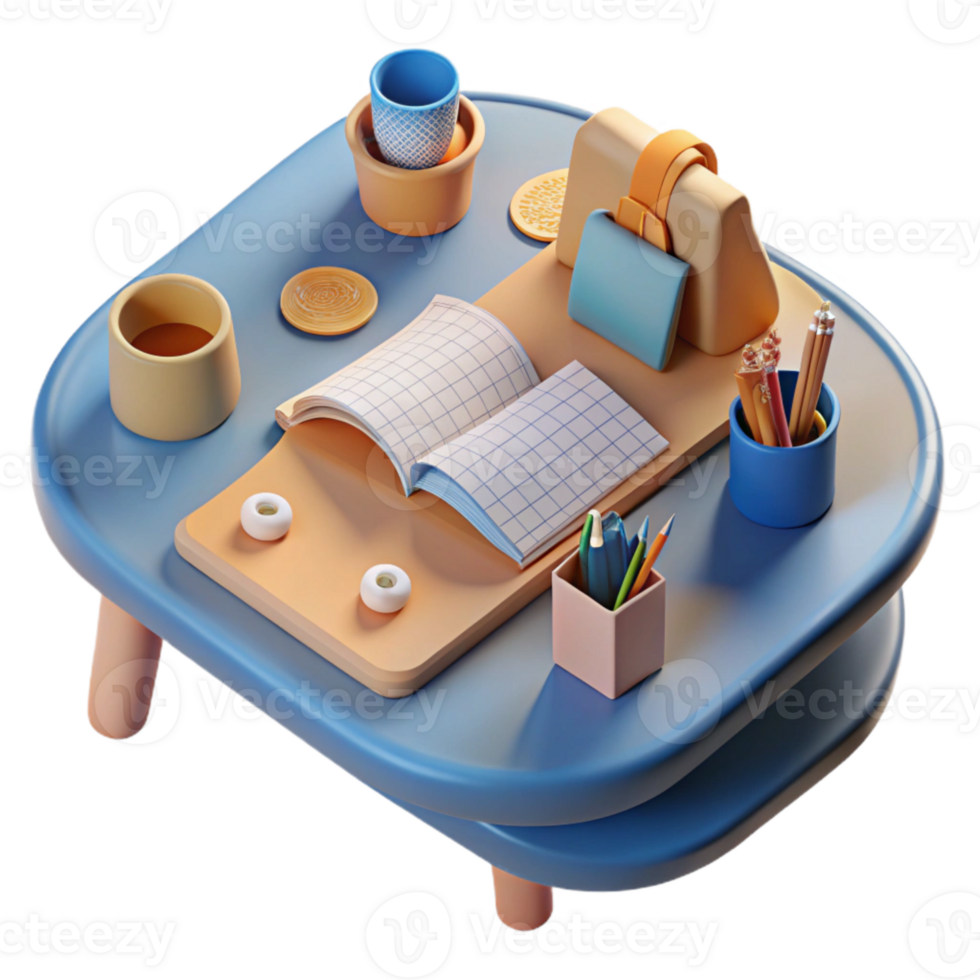 wonderful classic Modern Desk with Stationery Items Top View Transparent Background detailed png