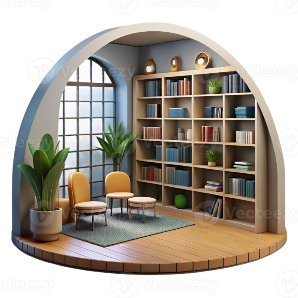 beautiful abstract Modern Library Interior with Bookshelves Transparent Background premium png