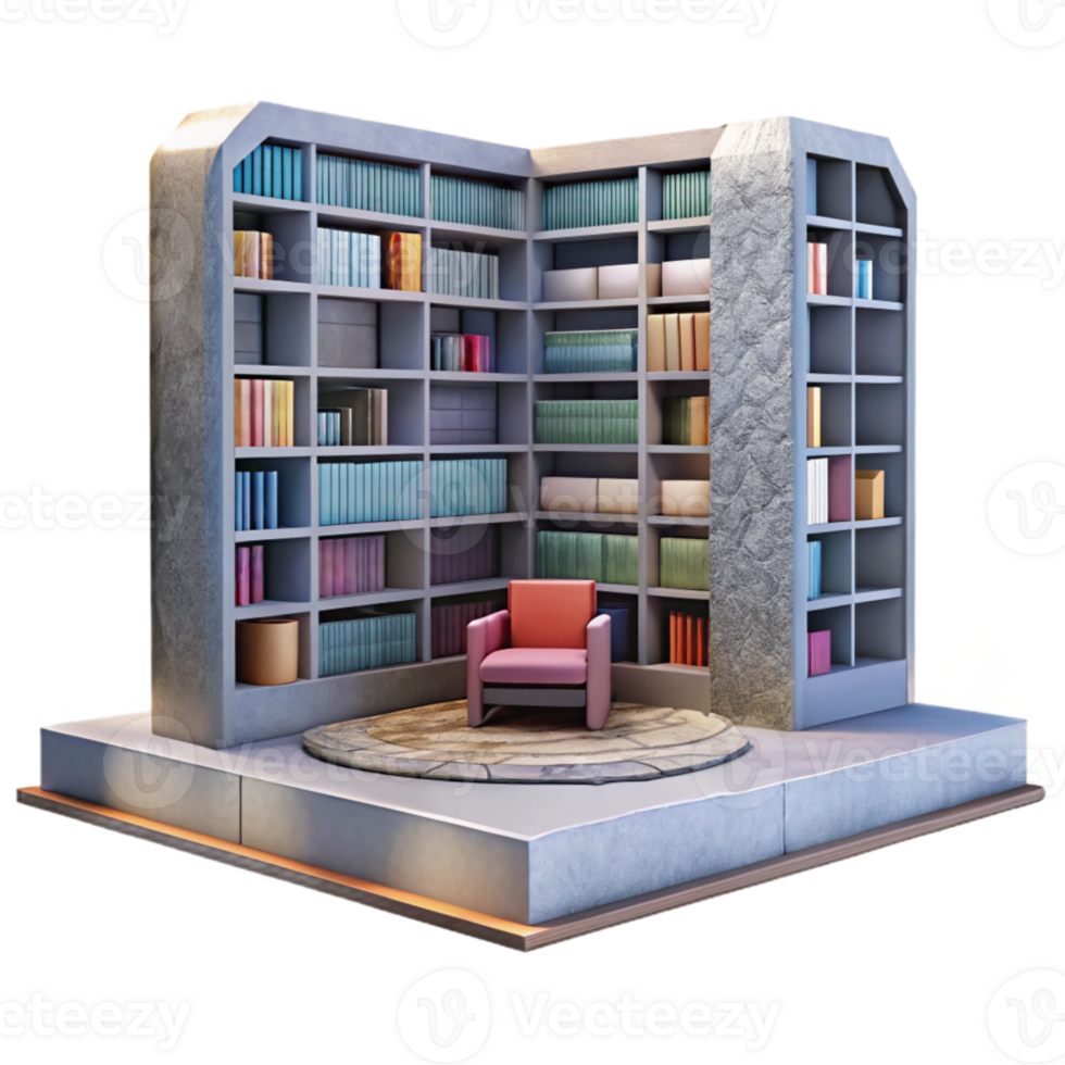 serene minimalist Modern Library Interior with Bookshelves Transparent Background authentic png