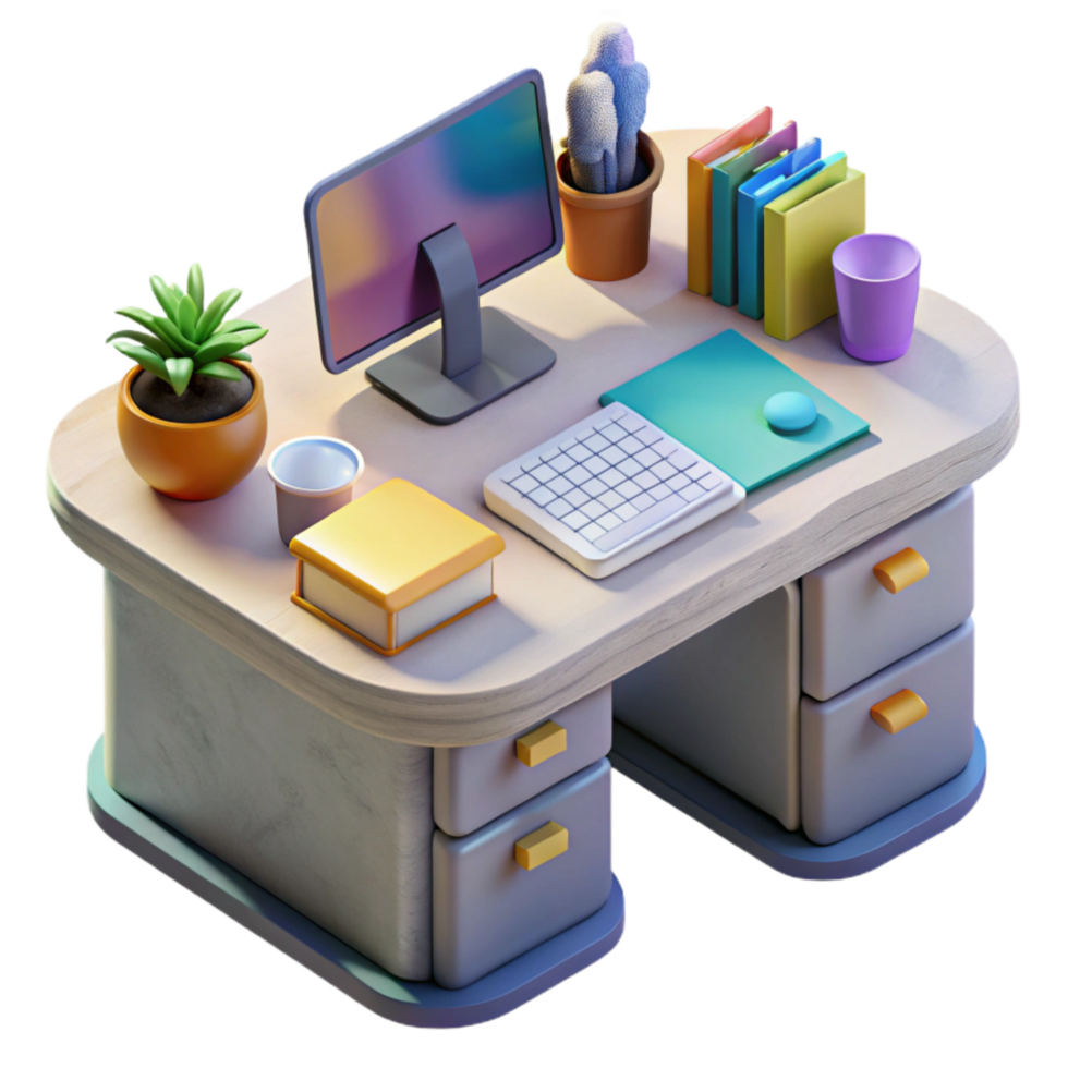 dramatic rustic Modern Office Desk with Stationery Transparent Background high quality png