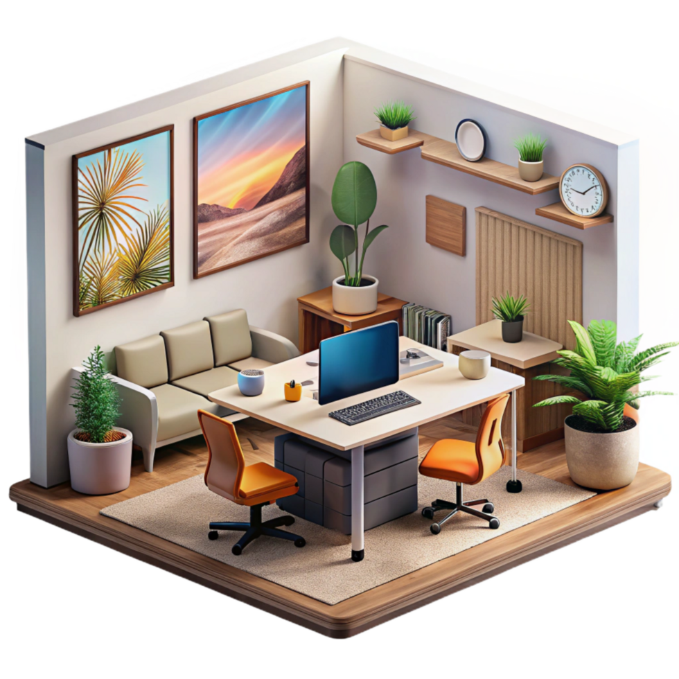 elegant vintage Modern Office Interior with Plants Cutout Element detailed png