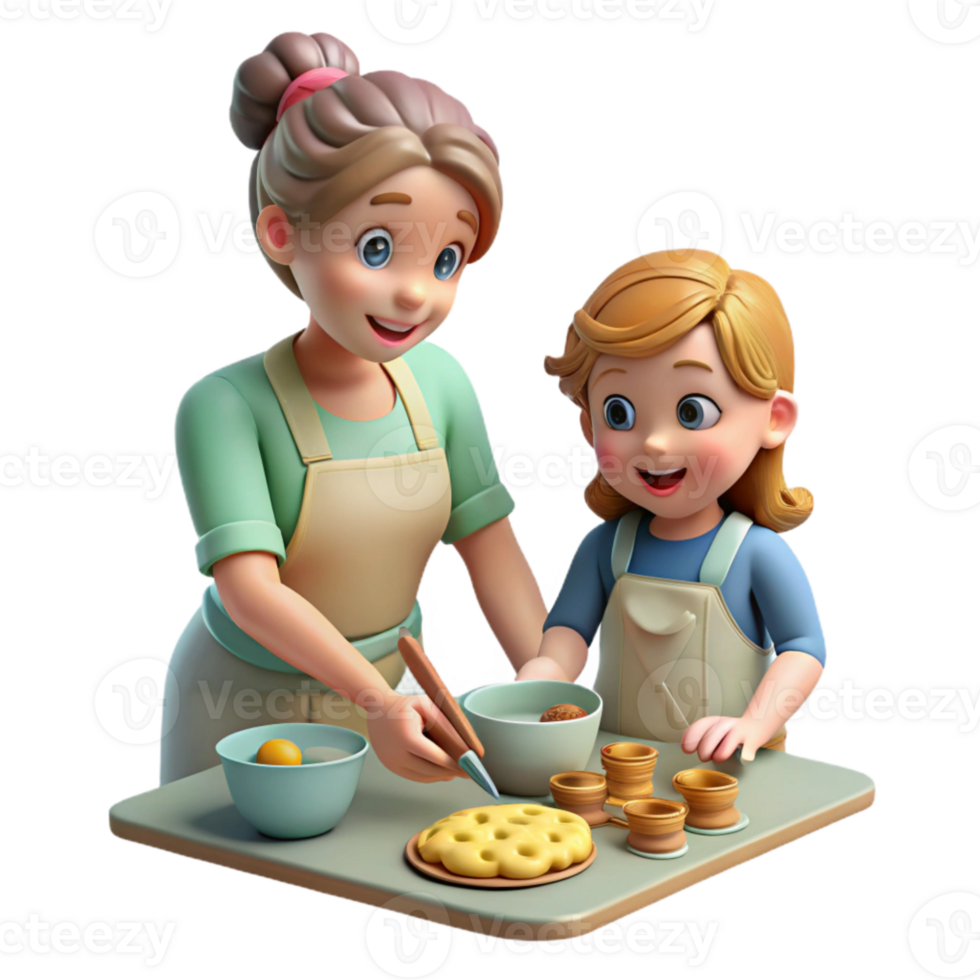 vibrant rustic Mother and Daughter Baking Cookies Kitchen Scene Transparent genuine png
