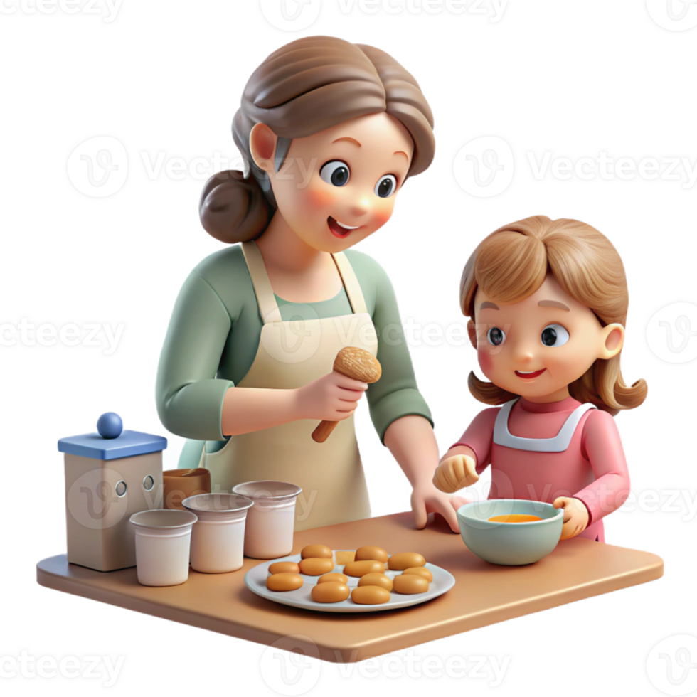 serene artistic Mother and Daughter Baking Cookies Kitchen Scene Transparent authentic png