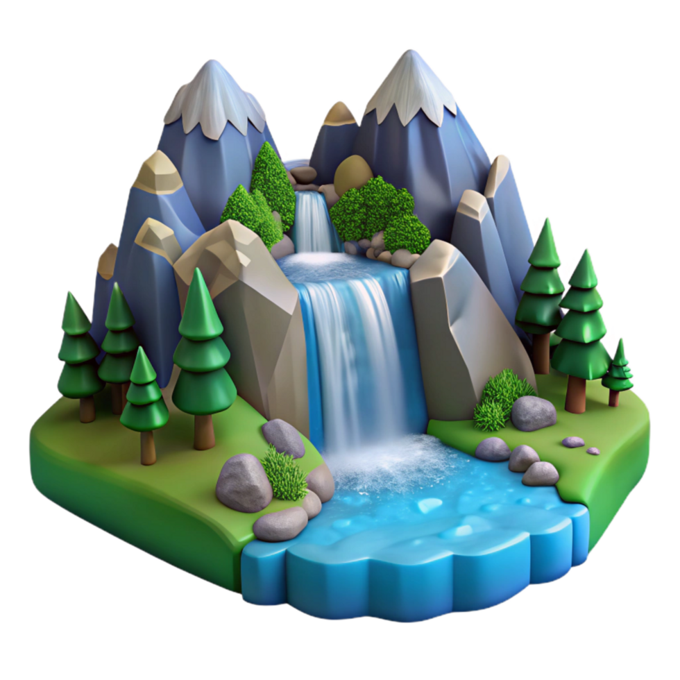 serene contemporary Mountain Landscape with Waterfall and River Cutout original png